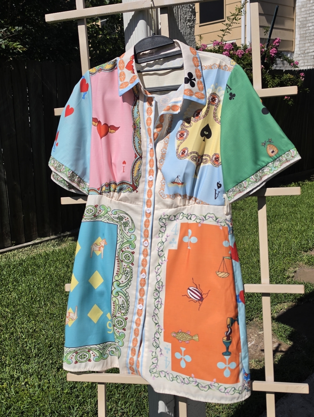 Cute Rummy Card printed linen-blend shirt dress US S